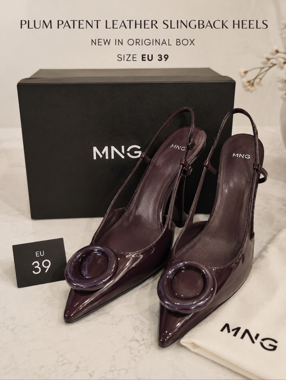 Mango Deep Plum Patent Slingback Heels